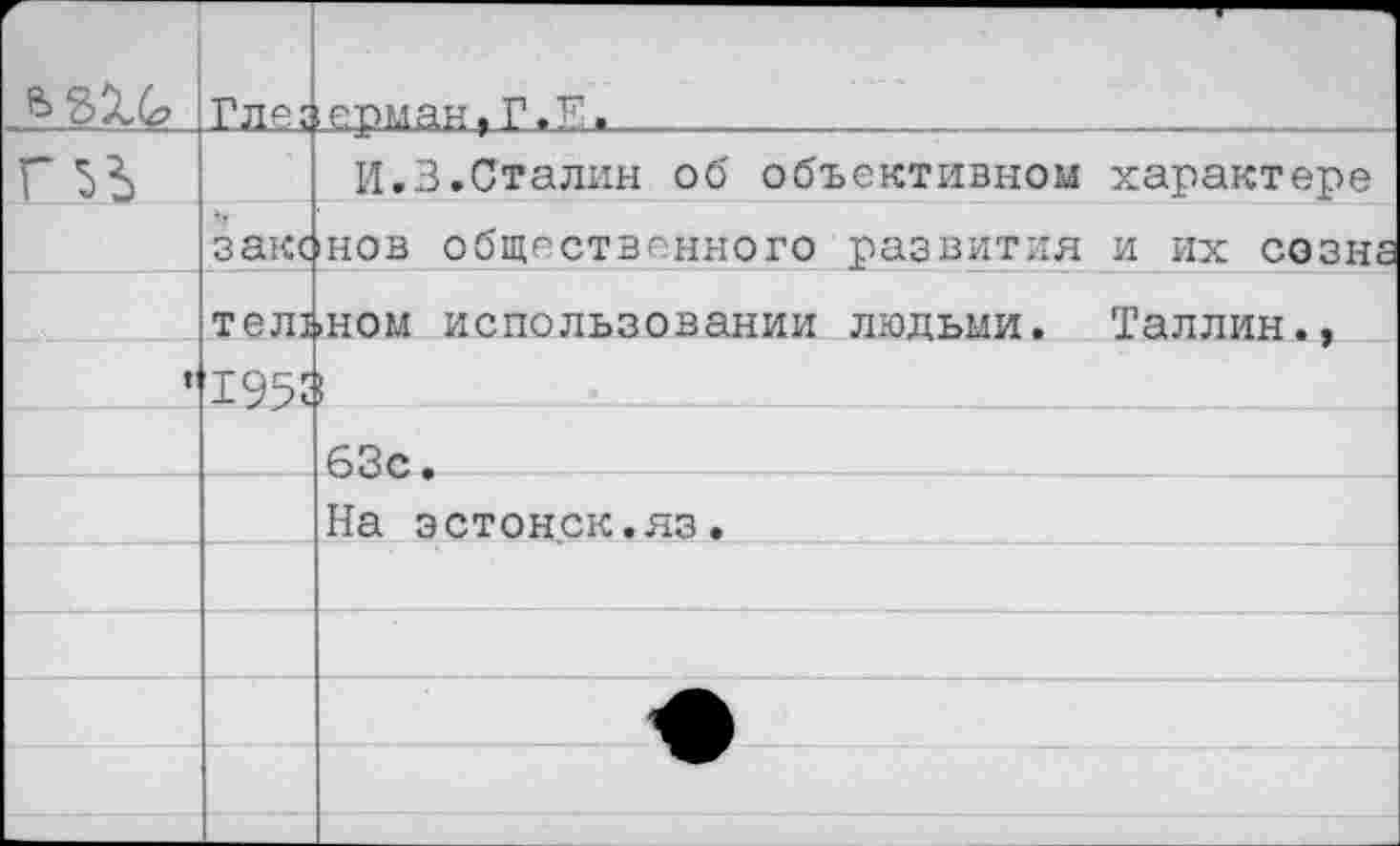 ﻿г взхс,	Г ле:	| ' ерман,Г.Е.		_ 	
03		И.3.Сталин об объективном характере
	закс	нов общественного развития и их созна
V	телз 1955	>ном использовании людьми. Таллин., 1_	•
		63с.
		На эстонск.яз.
		
		
		
		
		